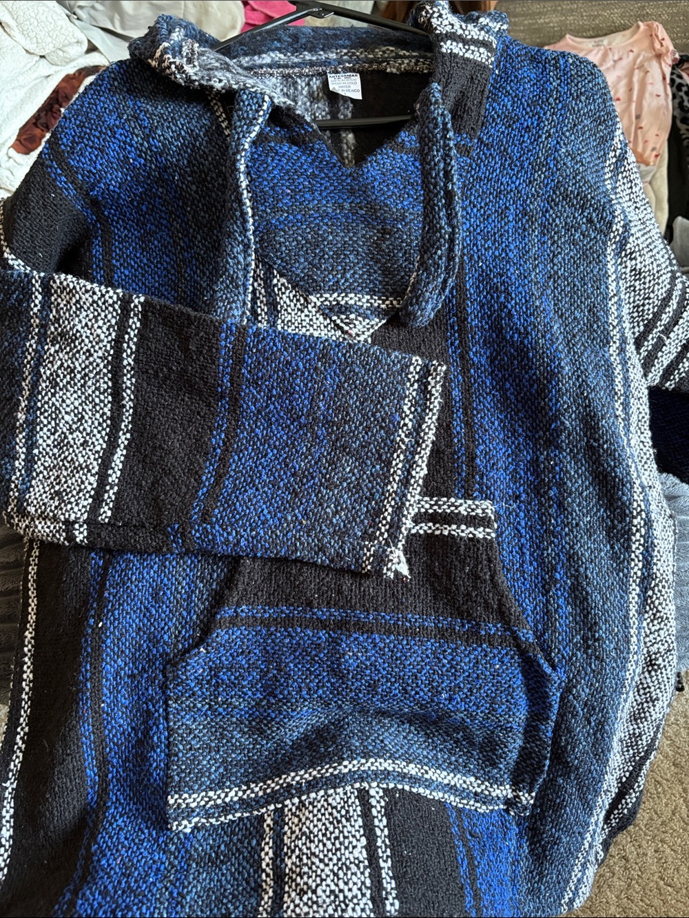 Men's Blue & Black Woven Hooded Sweater